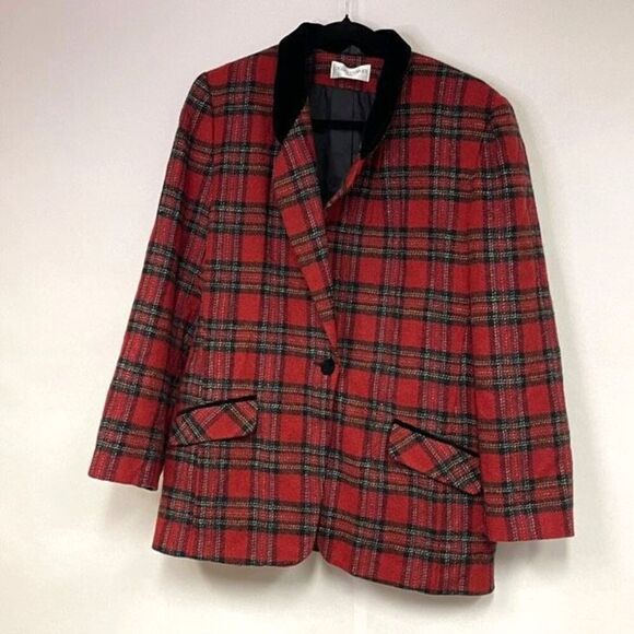 Casual Corner Blazer Women's Size 10 Red Plaid Wool Single Breasted Lined Velvet - Picture 1 of 10